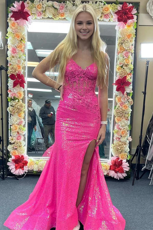 omberprom Elegant Evening Dress Mermaid V Neck Sequins Prom Dress with Slit