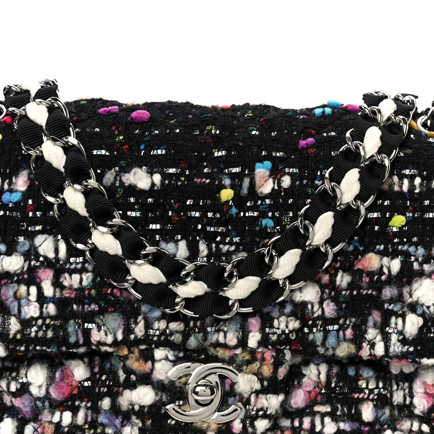Tweed Quilted Medium Double Flap Black White Yellow Pink