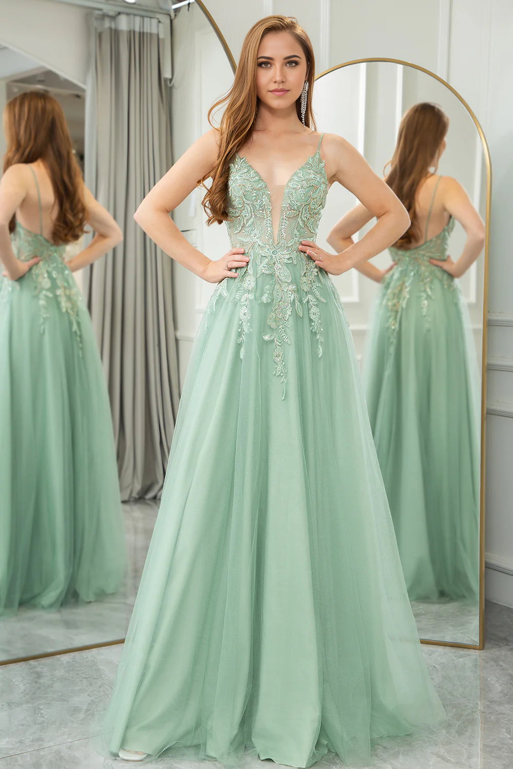 omberprom A Line Evening Dress Tulle Long Prom Dress Green With Appliques