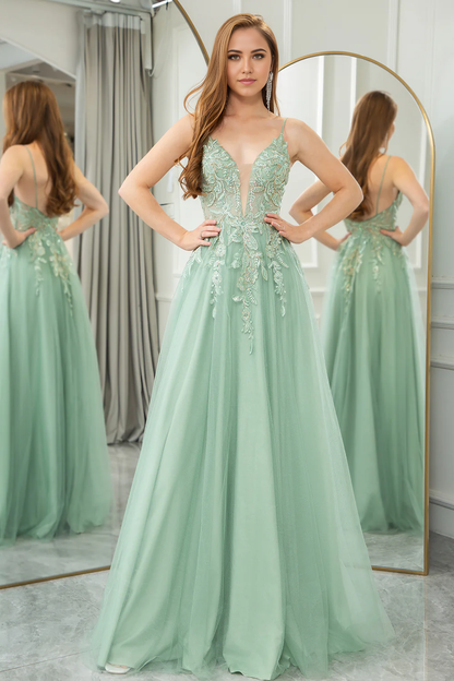 omberprom A Line Evening Dress Tulle Long Prom Dress Green With Appliques