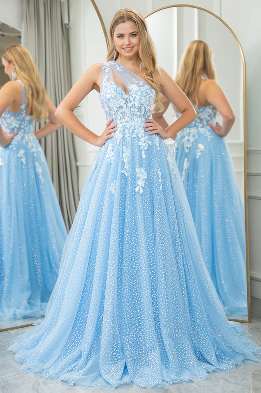 omberprom Prom Dress A Line One Shoulder Evening Dress Sparkly Sequin Tulle Light Blue With Appliques