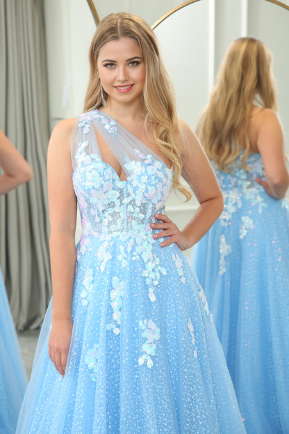 omberprom Prom Dress A Line One Shoulder Evening Dress Sparkly Sequin Tulle Light Blue With Appliques
