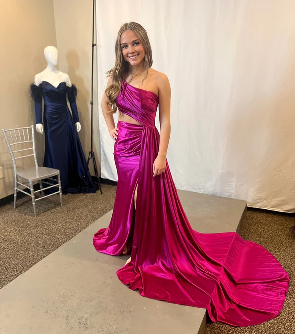 omberprom Mermaid Evening Dress One Shoulder Satin Prom Dresses with Slit Charming
