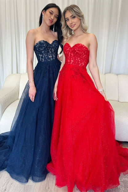 omberprom Elegant Red Evening Dress Strapless A-Line Long Prom Dress with Appliques
