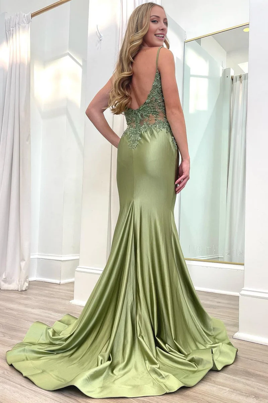 omberprom Elegant Sage Green Long Gown Prom Dresses Spaghetti Strap Backless Trumpet