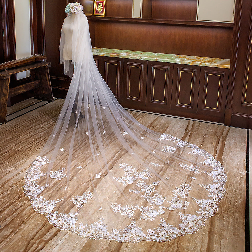 3.5 Meters Double Layers Tulle Floral Wedding Veil
