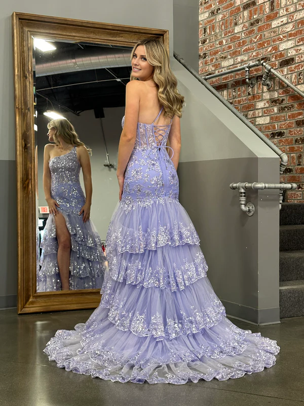 omberprom Sheath Evening Dress One Shoulder Tiered Lace Long Prom Dress