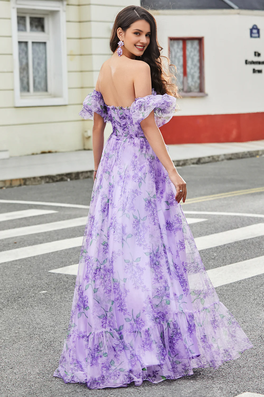 omberprom Lavender Evening Dress A Line Off the Shoulder Long Prom Dress with Removable Sleeves