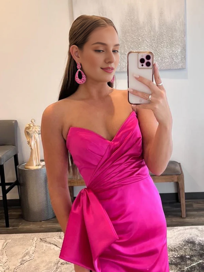 omberprom Mermaid Evening Dress Strapless Long Satin Prom Dress with bow tie