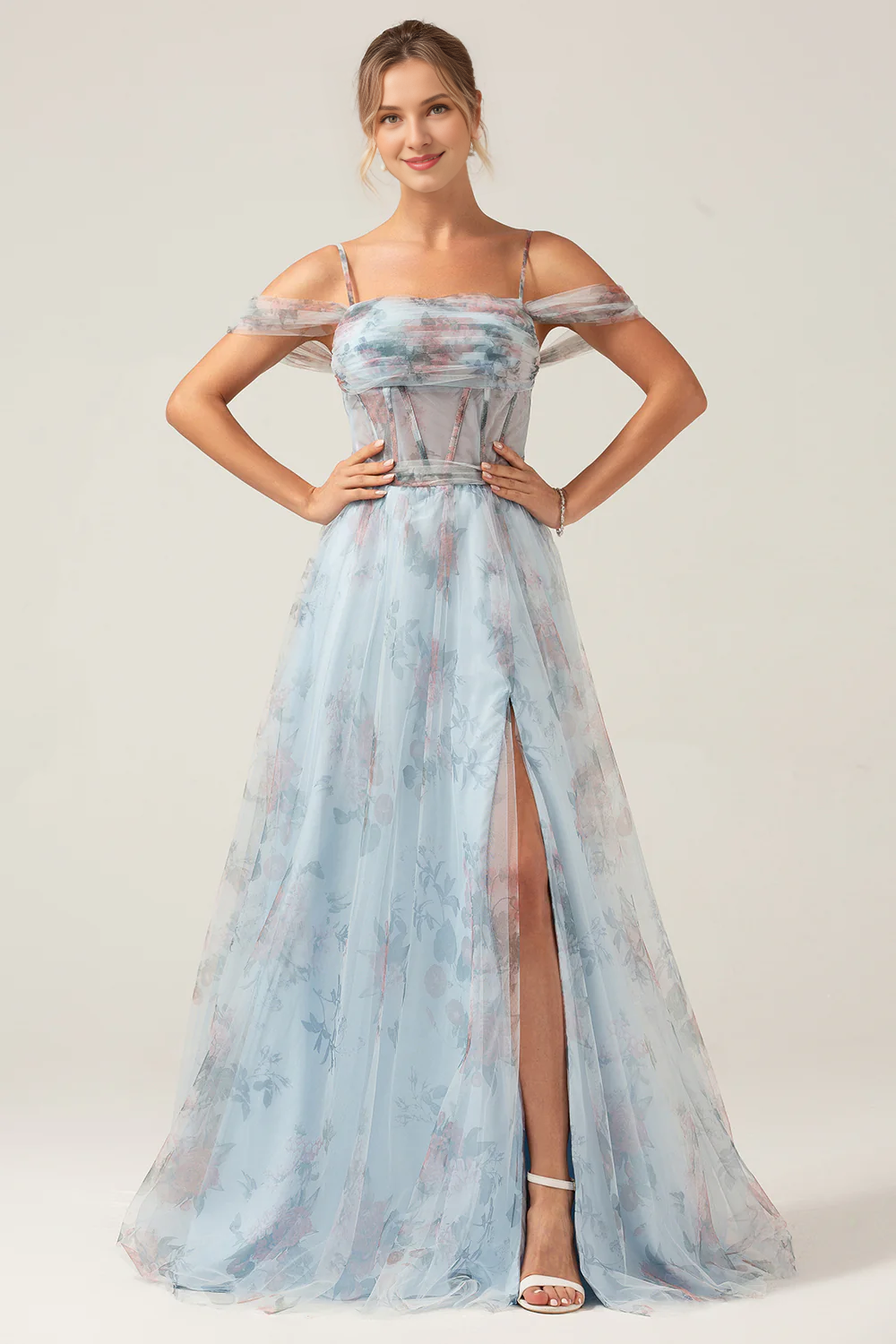 omberprom Blue Flower A-Line Long Prom Dress Spaghetti Straps Corset With Slit