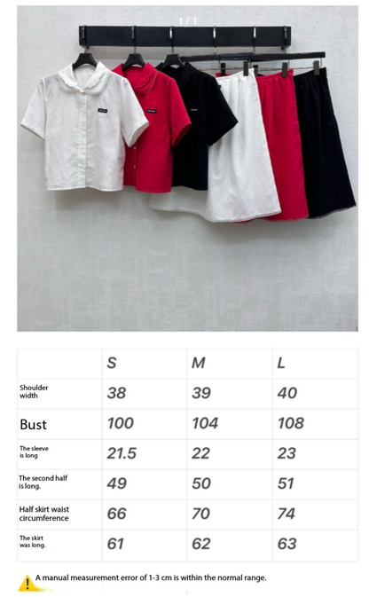 Miu SS26 Set Scalloped-Collar Shirt A-line Skirt Red Cotton Linen 351911