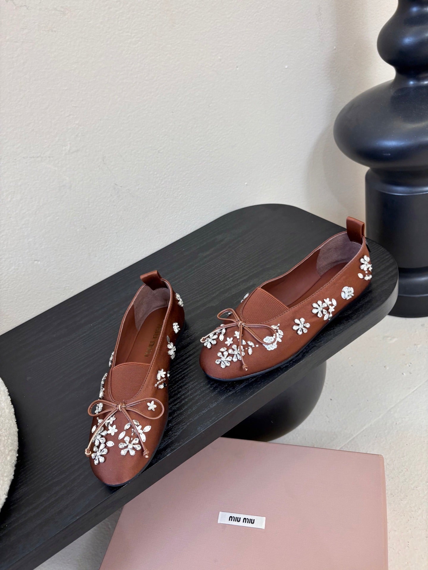 Miu Ballet Flat With Floral Crystal Brown Silk