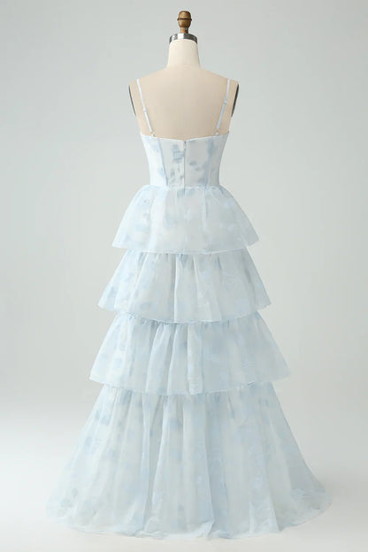 omberprom A-Line Prom Dresses Spaghetti Straps Tiered Maxi Dress with Slit Light Blue