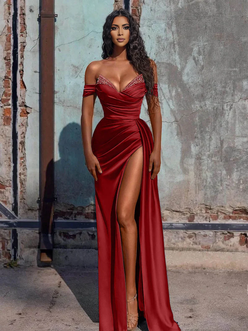 omberprom Fashion Mermaid Evening Dress Satin Long Prom Dress with Slit