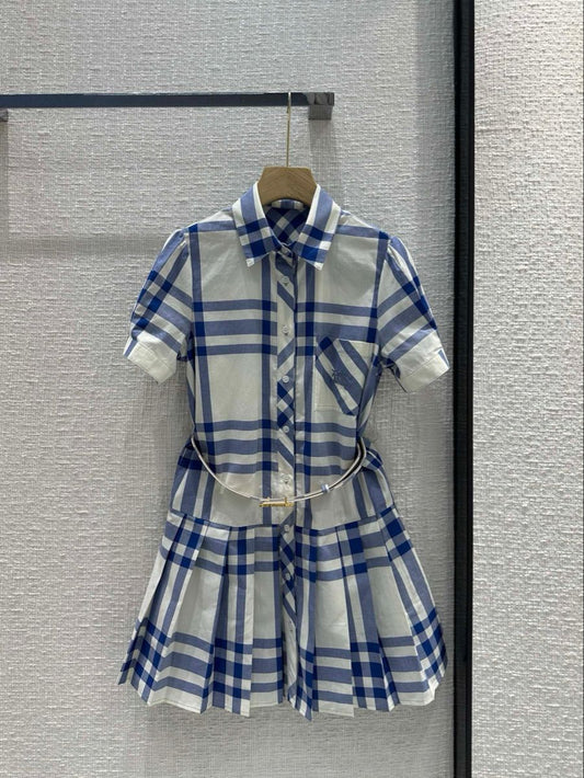 Blue and white shirt skirt slim youthful vitality pleated skirt homecoming dress R4013