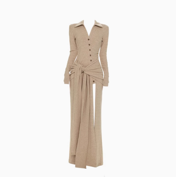Design beige long-sleeved dress 2025 high slit strap slim hip skirt R1027