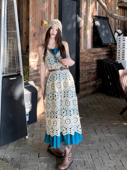 Fairy simple and elegant French blue suspender dress v-neck hollow woven knitted cardigan suit R1760