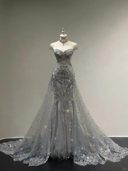 Luxurious And Sparkling Silver Mermaid Off-shoulder Beaded Train Wedding Dress P4091