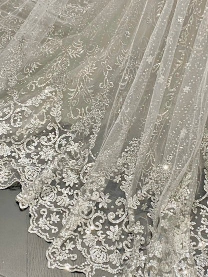 Luxurious And Sparkling Silver Mermaid Off-shoulder Beaded Train Wedding Dress P4091