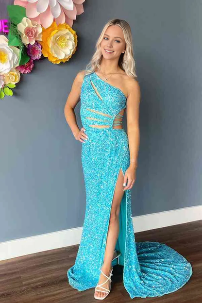 omberprom Lilac One Shoulder Evening Dress Cut-Out Mermaid Sequins Slit Long Prom Dress