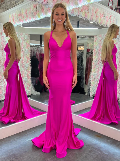 omberprom Mermaid Evening Dress Pink V Neck Backless Satin Long Prom Dress