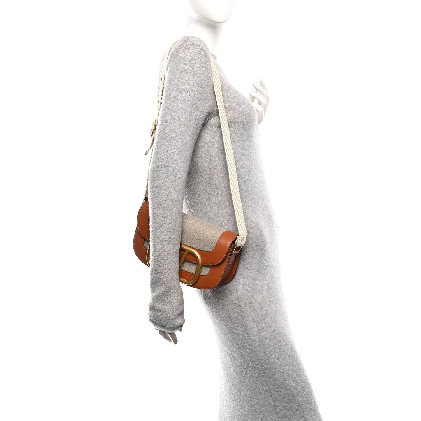 Calfskin Linen Supervee Crossbody Bag Saddle Brown Natural