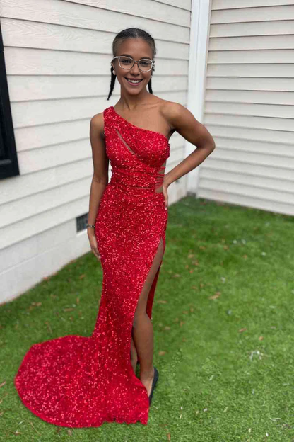 omberprom Lilac One Shoulder Evening Dress Cut-Out Mermaid Sequins Slit Long Prom Dress