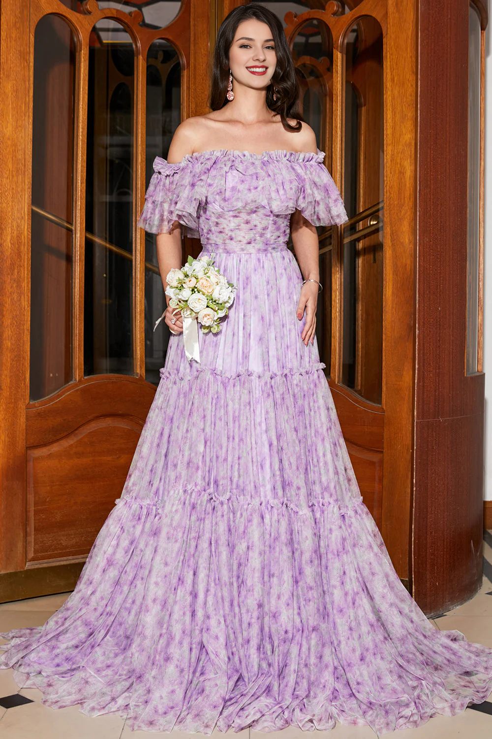 omberprom Gorgeous Floral A Line Evening Dress Off the ShoulderLong Prom Dress with Ruffles