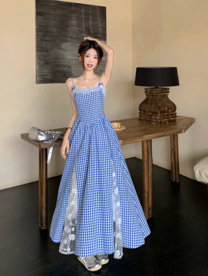 Fairy pure waist skirt suspenders plaid long skirt lace holiday style dress R1753