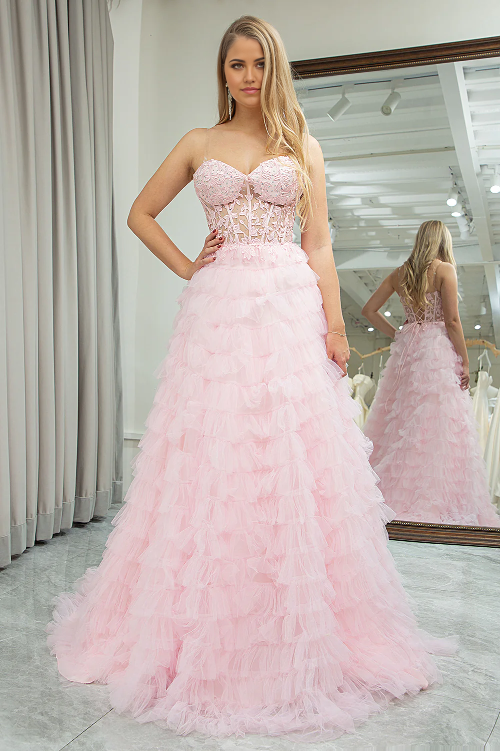 omberprom Princess Pink A Line Evening Dress Sweetheart Pleated Tiered Long Prom Dress
