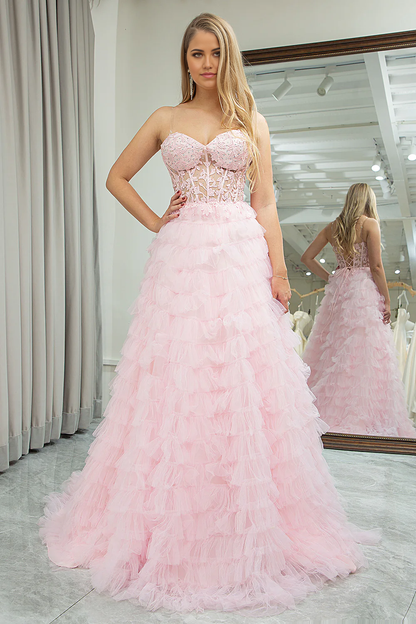 omberprom Princess Pink A Line Evening Dress Sweetheart Pleated Tiered Long Prom Dress