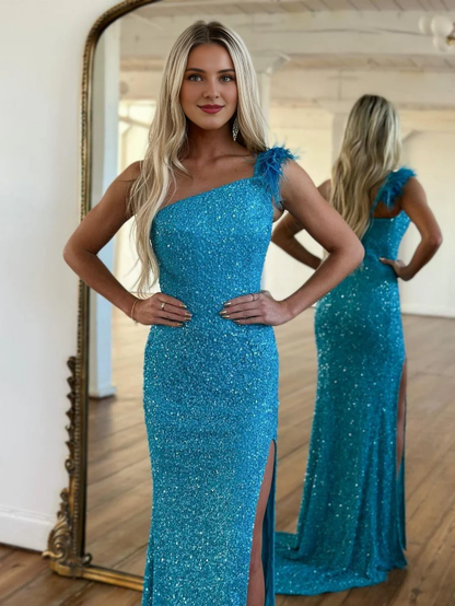 omberprom Mermaid Graduation Dresses One Shoulder Sequins Prom Dress With Slit