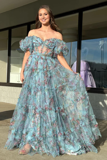 omberprom A Line Evening Dress Off The Shoulder Floral Tulle Prom Dress