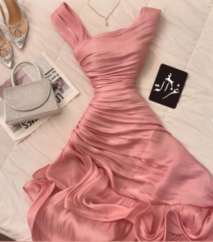 Pink Asymmetric Ruched Mermaid Evening Dress _ Satin Ruffled Formal Gown TP5072