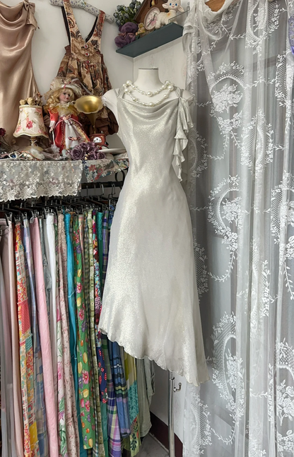Vintage Silvery Irregular Hem Design A-Line Spaghetti Strap Prom Dress Evening Dress TP4206