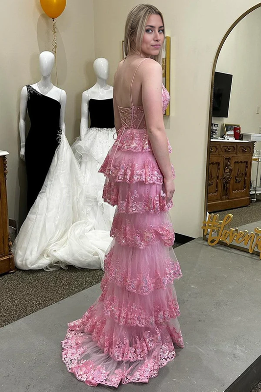 omberprom Pink Evening Dress Glitter Long Prom Dresses Appliques Lace-Up Ruffle Tiered with Slit