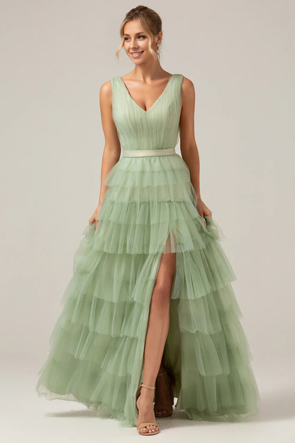omberprom Tulle A-Line Prom Dresses V Neck Tiered Maxi Dress With Slit Elegant Evening Party Dress