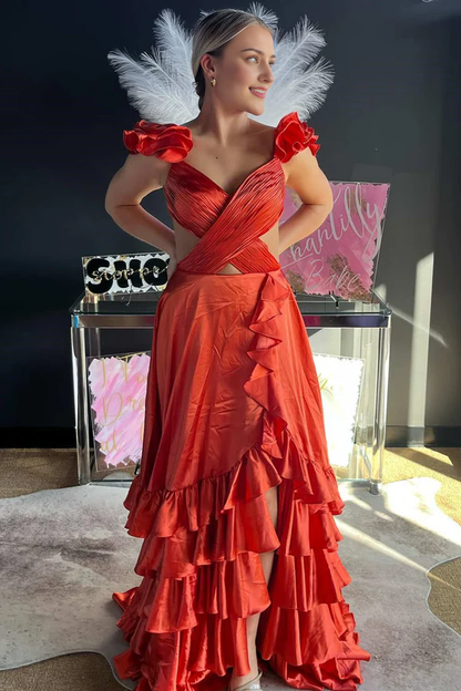 omberprom Red Cutout Ruffle A-Line Fashionable and Beautiful Long Prom Dress with Slit
