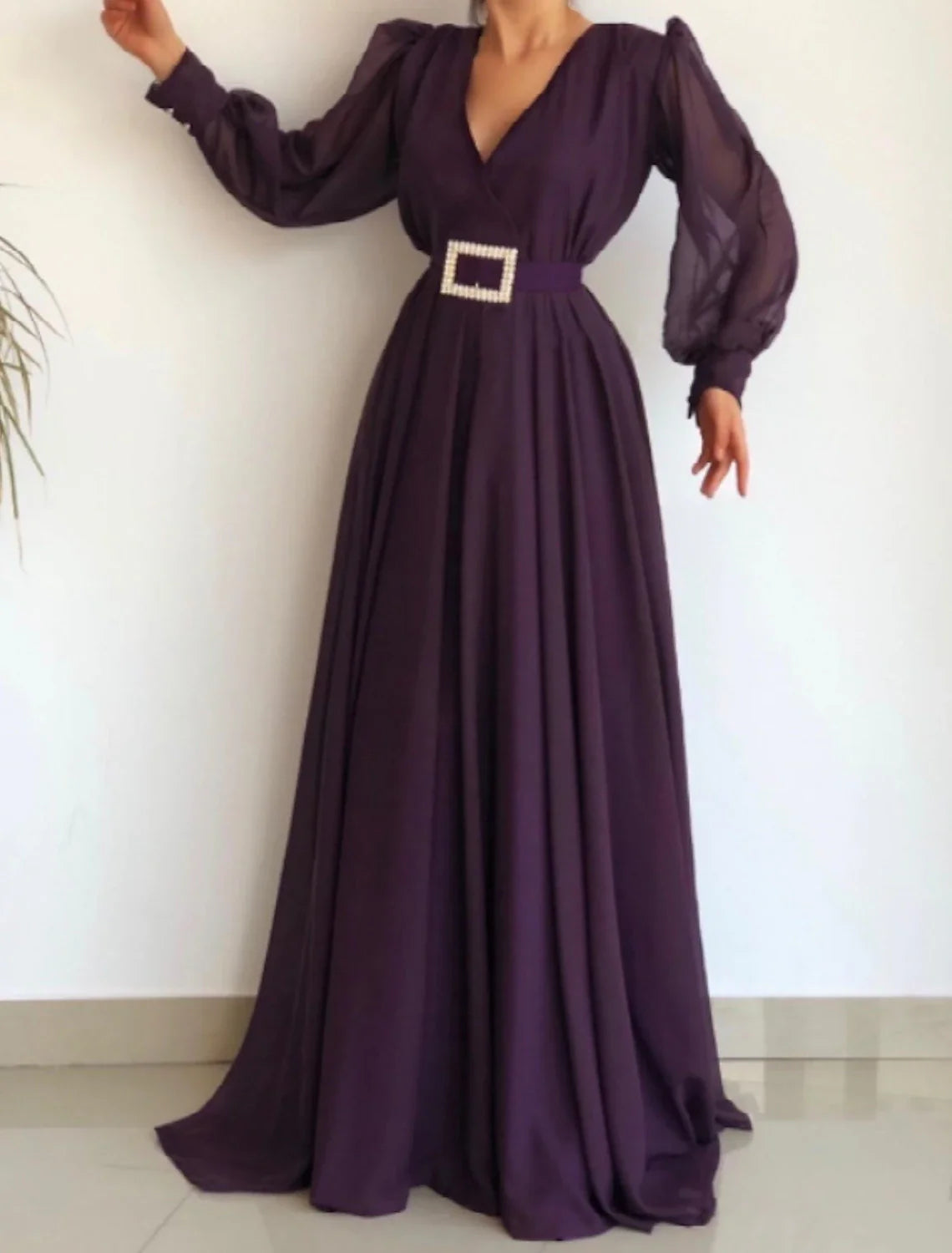 omberprom Elegant A-Line Minimalist Elegant Engagement Formal Evening Dress V Neck Long Sleeve Floor Length Chiffon with Sash / Ribbon Pleats