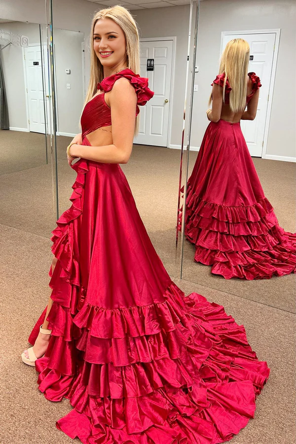 omberprom Red Cutout Ruffle A-Line Fashionable and Beautiful Long Prom Dress with Slit