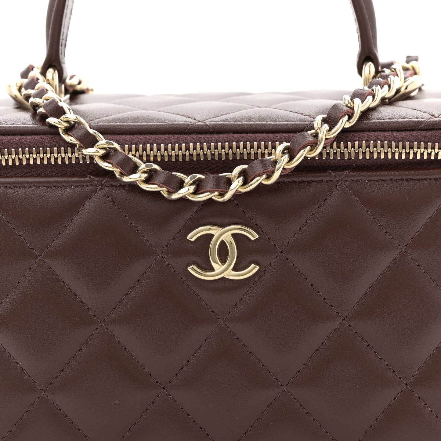 Lambskin Quilted Small Top Handle Vanity Case With Chain Dark Brown