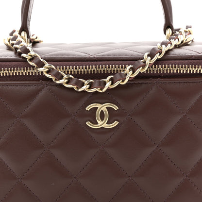 Lambskin Quilted Small Top Handle Vanity Case With Chain Dark Brown