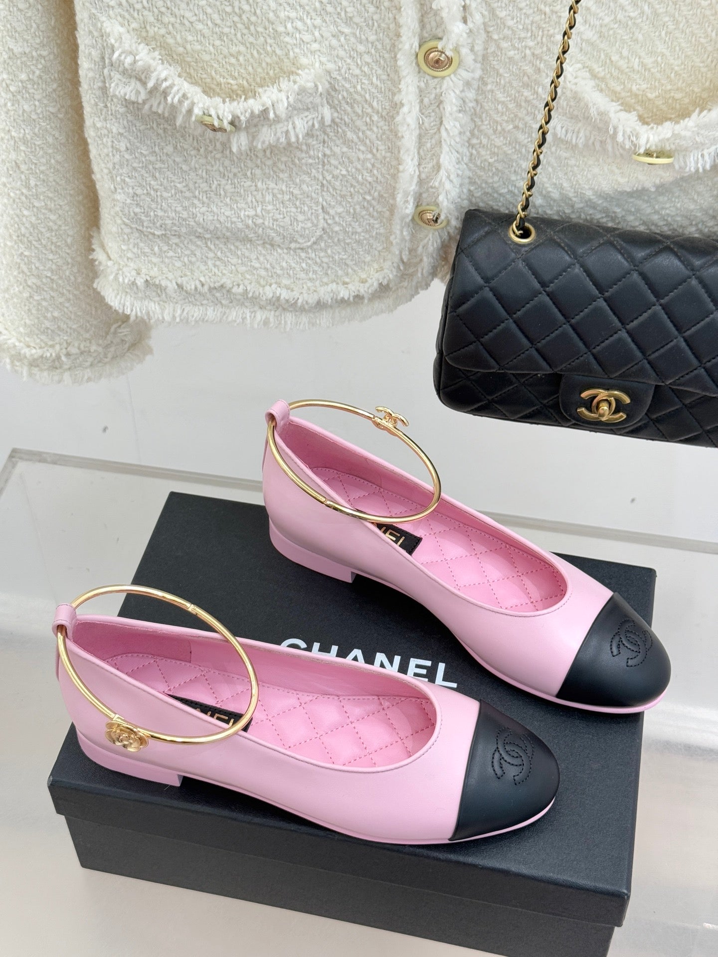 CC 26C Ribbon Double C Camellia Mary Jane Pink Black Lambskin