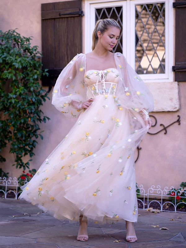omberprom Sweetheart Prom Dresses Neck Embroidered Lace Maxi Length Tulle Gown Evening Dress