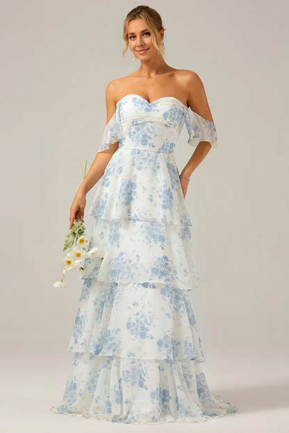 omberprom A-Line Prom Dresses Spaghetti Straps Backless Print Maxi Dress Blue Flower