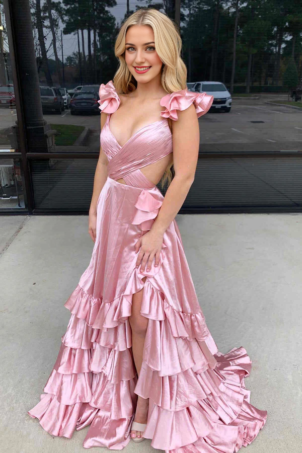 Liymcdress Red Cutout Ruffle A-Line Fashionable and Beautiful Long Prom Dress with Slit