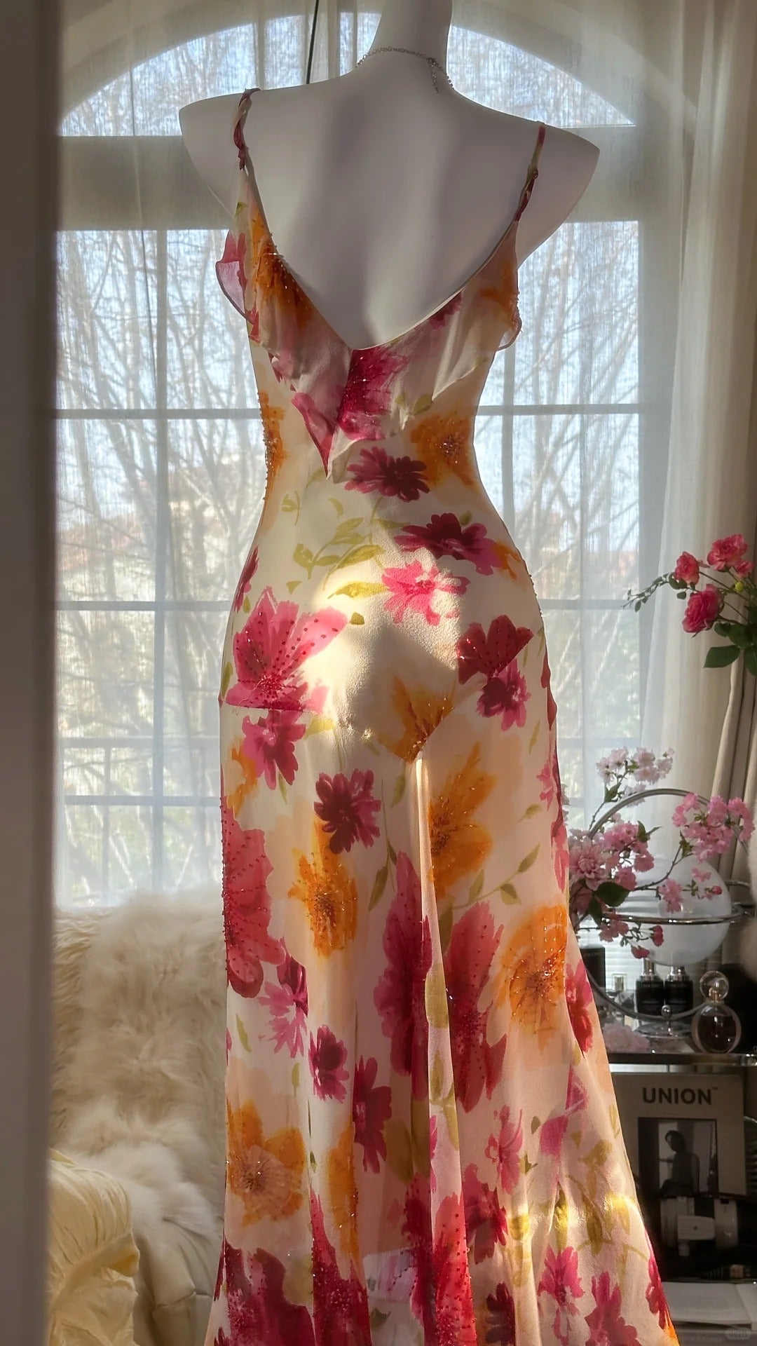 Vintage Floral A-line V-neck Spaghetti Strap Evening Dress Prom Dresses TP3931