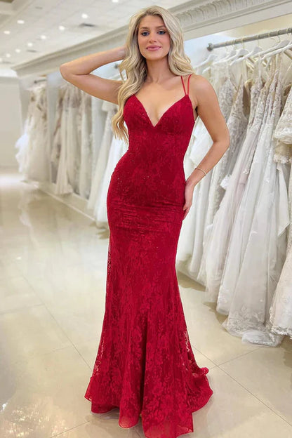 omberprom Fashion Red Evening Dress Lace V Neck Mermaid Prom Dress