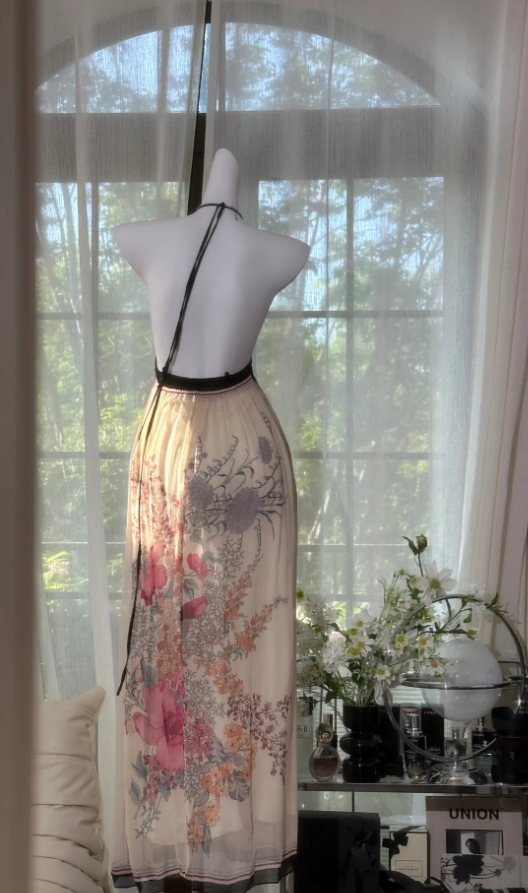 Pretty Halter V Neck Chiffon Print Floral Backless Long Prom Dress Evening Gown