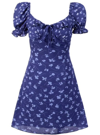 2025 Summer New Purple Floral Square Neck Puff Sleeve Retro A-line Short Dress R0949